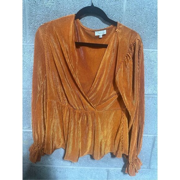 Chenault Tops - Chenault Women's Ribbed Velvet Top Blouse Size L Rust Long Sleeve Stretch